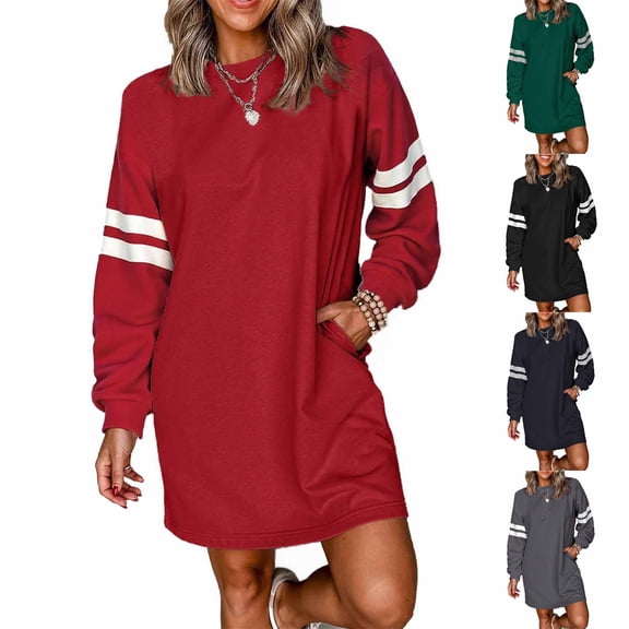 Women's Fashion Striped Sports Hoodie Dress Long Sleeve Round Neck with Pocket for Winter Casual Wear and Outdoor Activities,Black,L