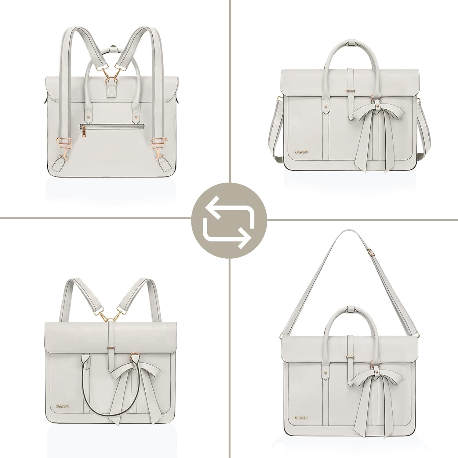 Mosiso Laptop Tote Bag for Women, 15-15.6 inch PU Leather Shoulder Bag Convertible Backpack, Casual Travel Handbag Office Work Computer Briefcase, Beige