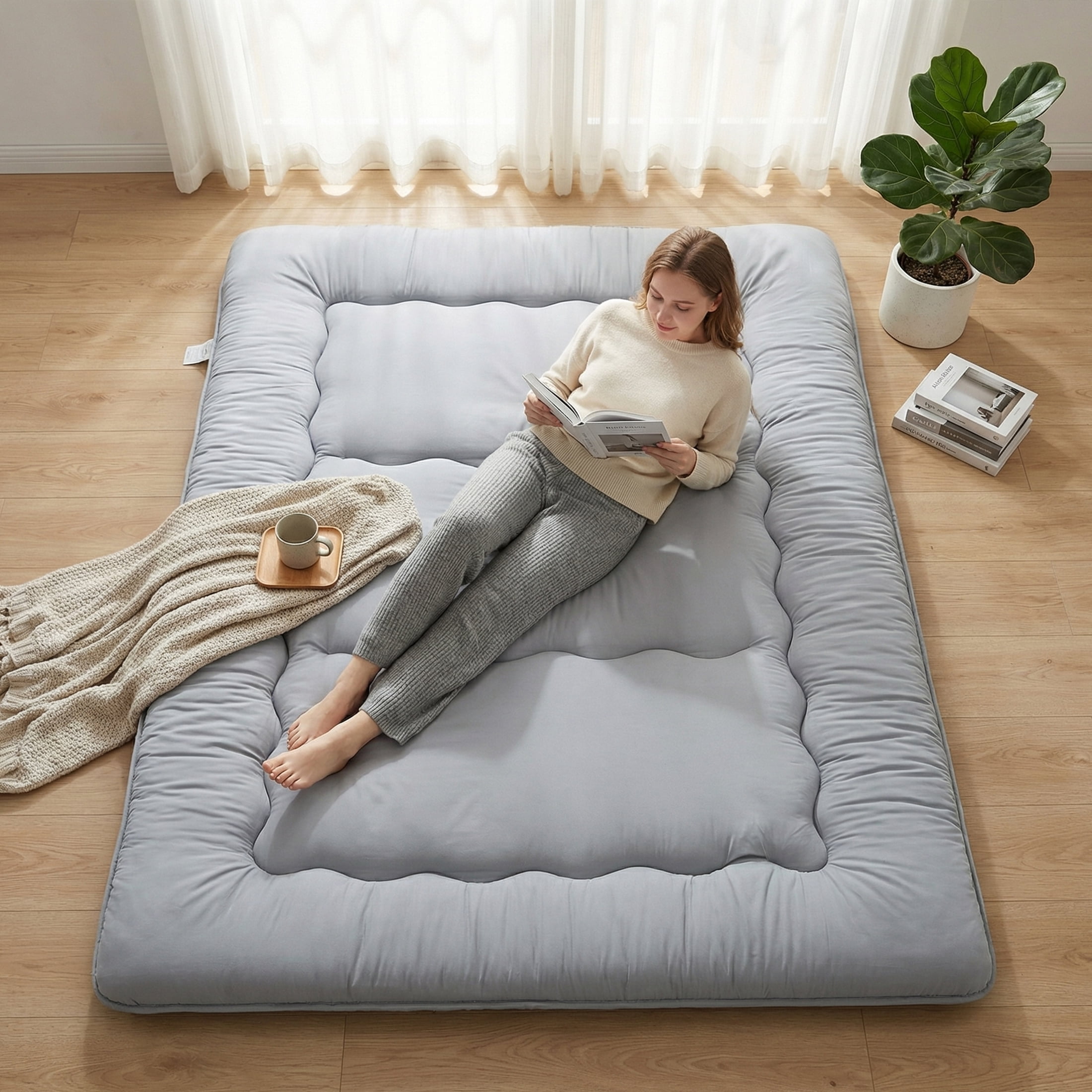 EDX Japanese Floor Futon Mattress Toppers, Foldable Tatami Mat, Thick Sleeping Mattress Pad with Storage Bag & Dust Cover, Gray, Twin