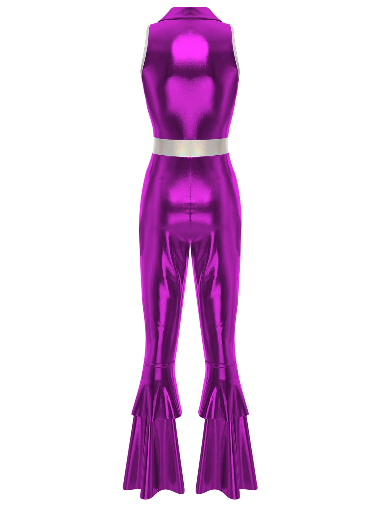 iixpin 70s Costume Outfit for Women Lapel Sleeveless Disco Jumpsuit Holographic Shiny Disco Costume Purple L