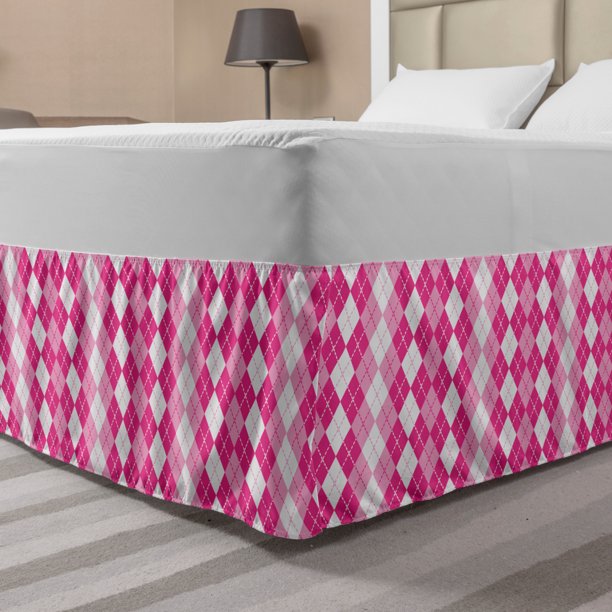 Pink and White Bed Skirt, Traditional Argyle Design with Rhombuses and