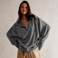 thumbnail image 3 of Fall Spring Women Sweatshirt Loose Turn-down Collar Lantern Sleeves Loose Solid Color Side Slit Buttoned Solid Color Sport Daily Wear Casual Top, 3 of 8