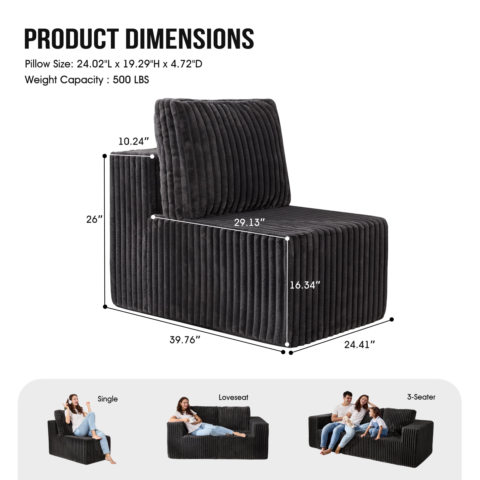 Single Sofa 1 Seat Couch with Deep Seat Memory Foam Cloud Sofa Chair with Pillows Large Sofa with L Shape for Living Room Bedroom (Strip Grey, Single)
