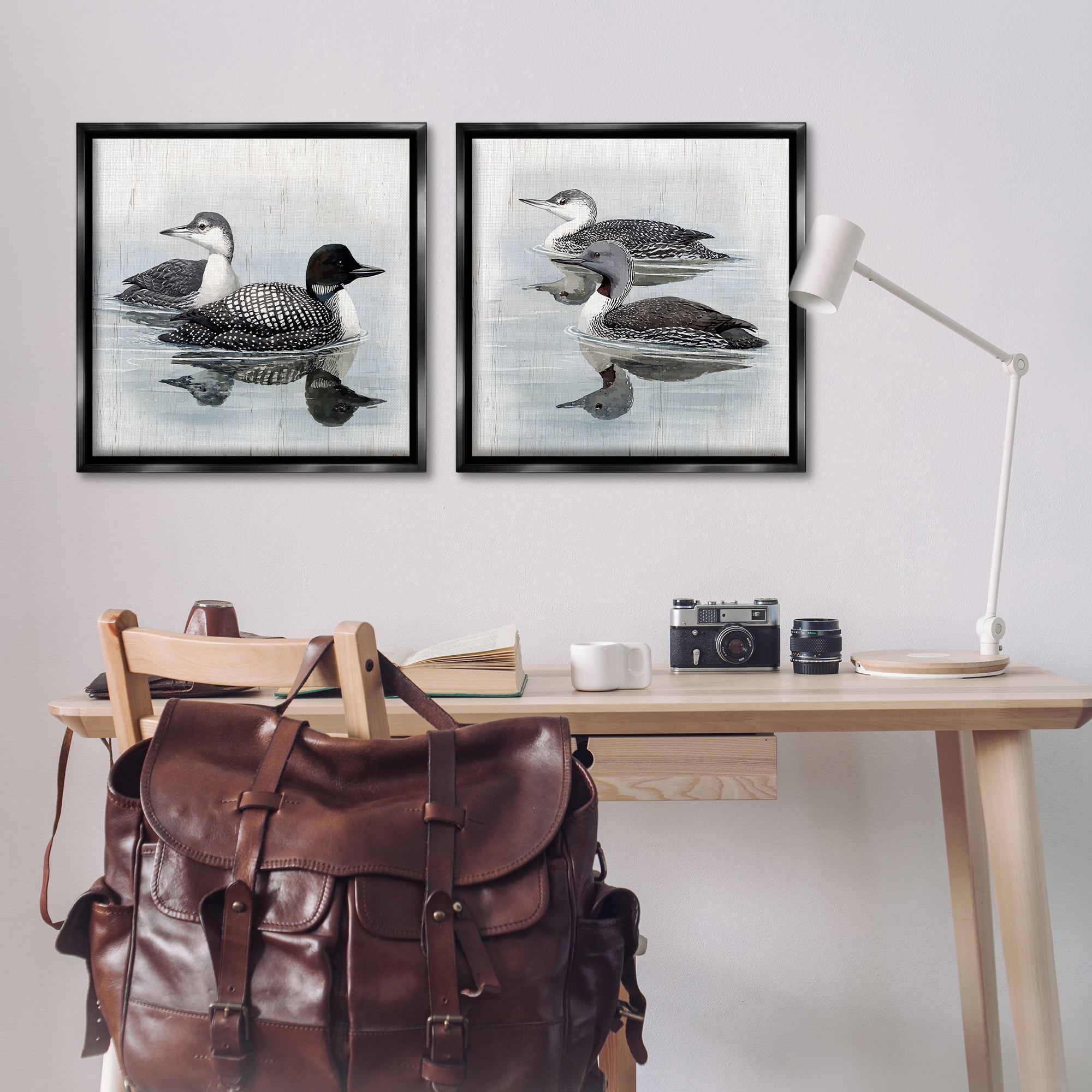 Stupell Industries Four Loons in Lake Animals Painting Black Floater Framed Canvas Art Print Wall Art, 25 x 25, Set of 2