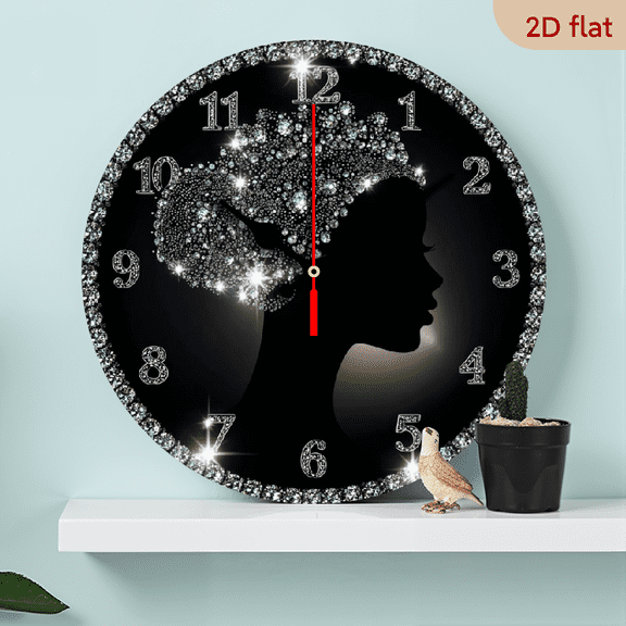 2D Flat 1pc 10Inch Wooden Diamond Woman Silhouette Wall Clock, Round Wooden Kitchen Decor with Sparkling Rhinestones, Easy to Read, Silent, No Drip, Bedroom, Office, Bedroom Wal