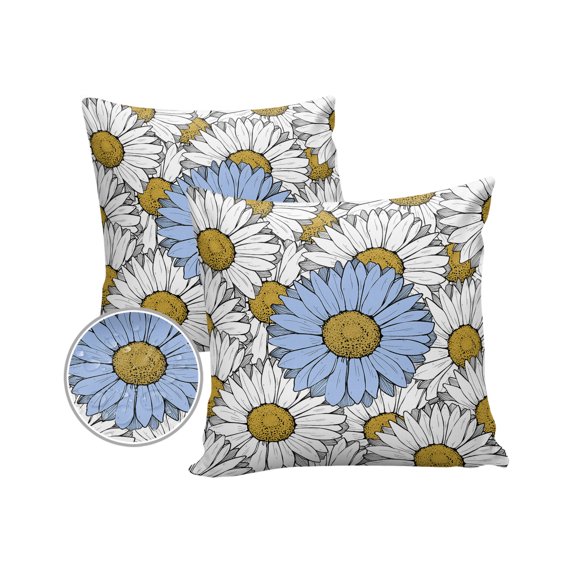 Pack of 2 Outdoor Pillow Covers, Hand Drawn Watercolor Blue and White Daisy Waterproof Square Throw Pillowcase Cushion Decorative Pillow Covers for Couch Patio Tent, 18x18 in