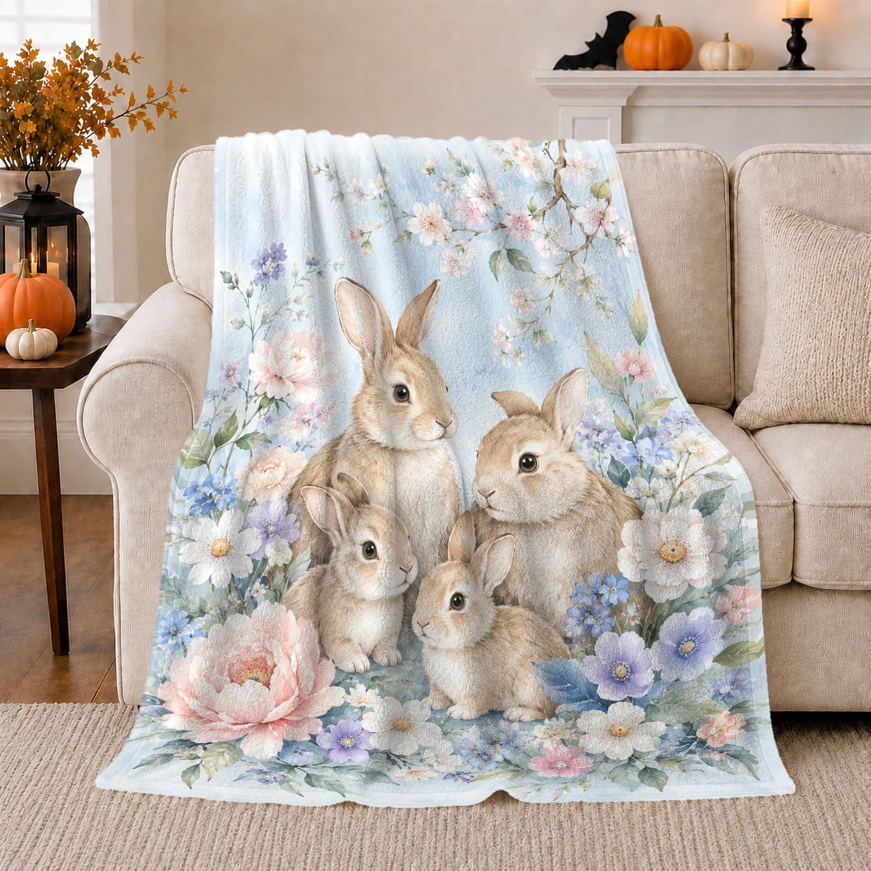 Peaceful Rabbits Among Flowers Blue Cozy Friendship Quote Scene Warm Flannel Blanket for Living Room and Reading Nook Art Lovers Thank You Gift Artistic Home Decor