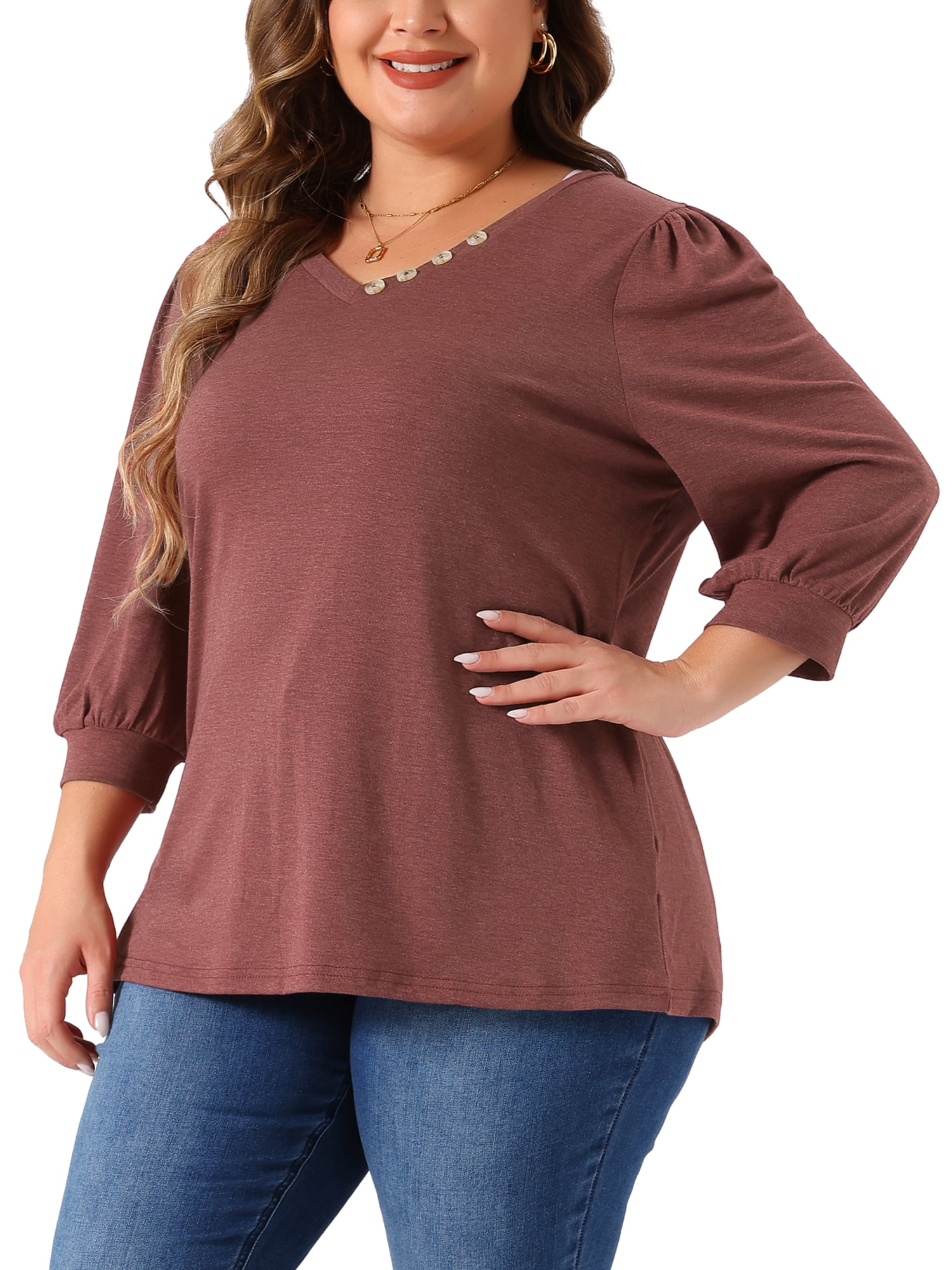 Women's Plus Top 3/4 Sleeve V Neck Button Decor Casual Solid Tees Shirts 1X Burgundy