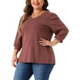thumbnail image 2 of DARING DIVA Women's Plus 3/4 Sleeve V Neck Button Decor Casual Blouse 1X Burgundy, 2 of 6