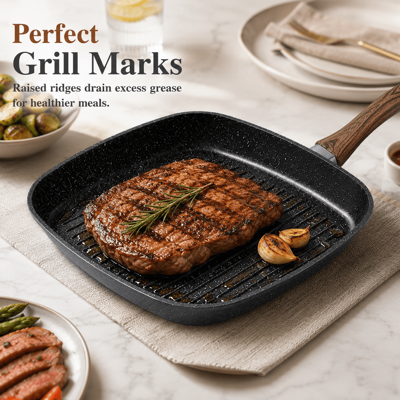 Alvantor 3-Piece Square Grill Frying Pan Set,9.5-11 Inch Induction with Stay Cool Handle,Compatible with All Stovetops