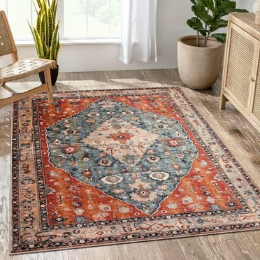 Wonnitar Boho Tribal Area Rug 5'x7' Large Washable Living Bedroom Rug Distressed Oriental Non-Slip Non-Shedding Print Floor Carpet for Dining Room Home,Rust