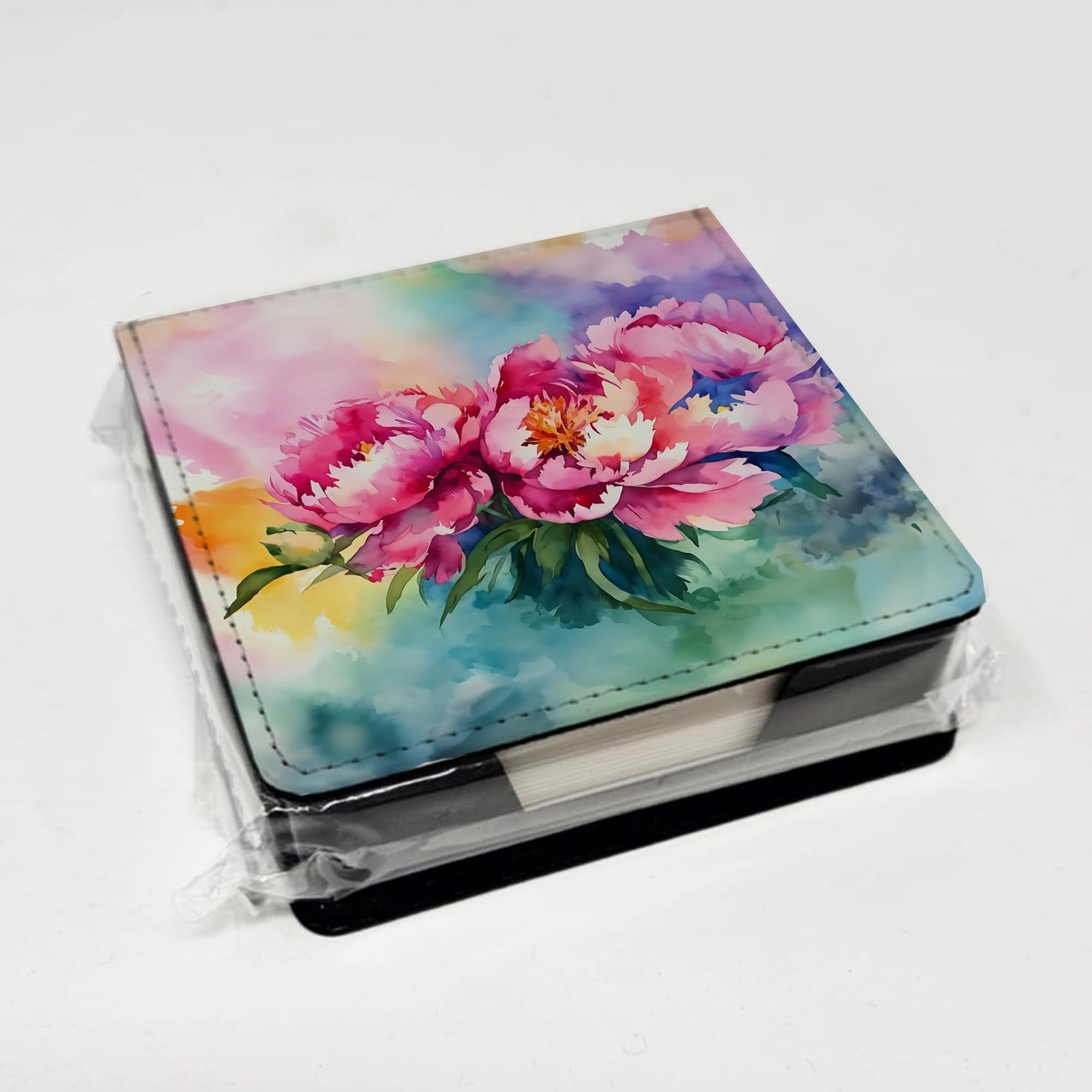 Caroline's Treasures Peonies in Watercolor PU Leather Note Paper Holder with Artist-Designed Cover, Desk Accessory, Office Gift
