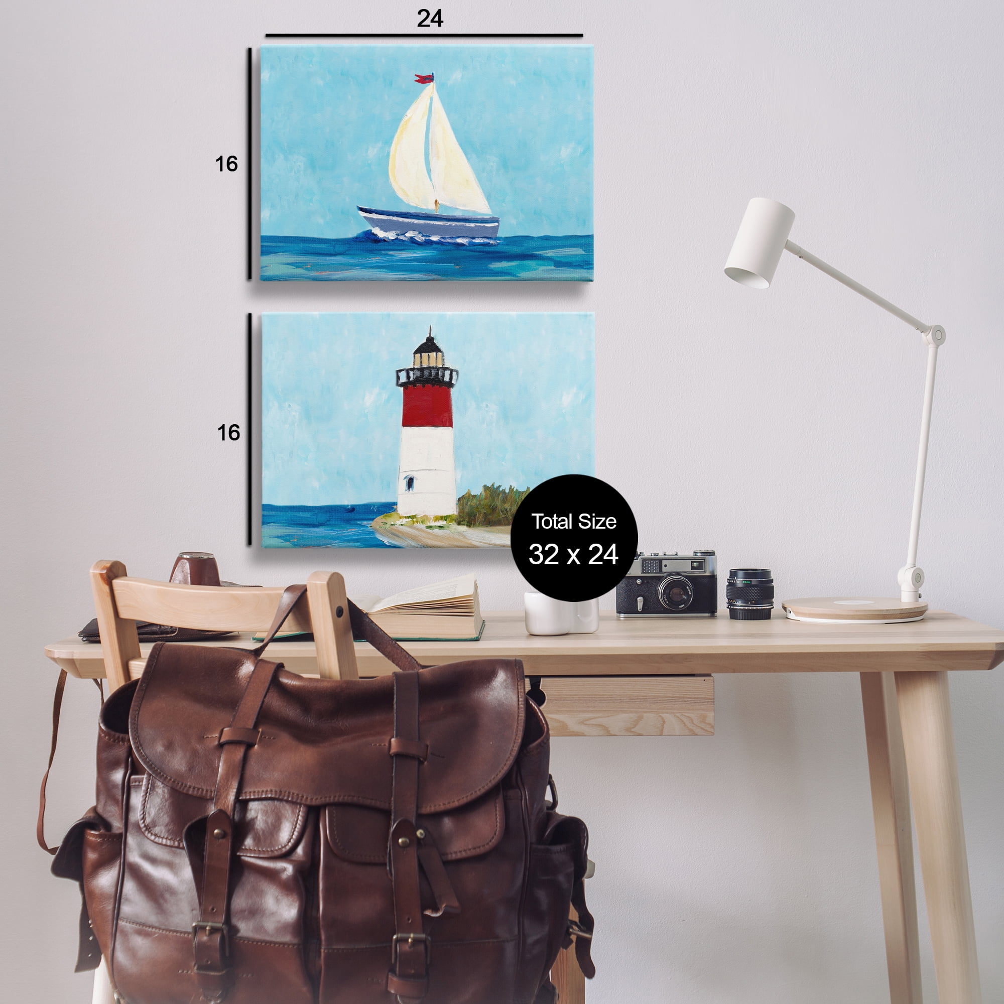 Stupell Industries Nautical Sail the Sea Lighthouse Nautical & Beach Painting Wrapped Canvas Art Print Wall Art, 24 x 16, Set of 2