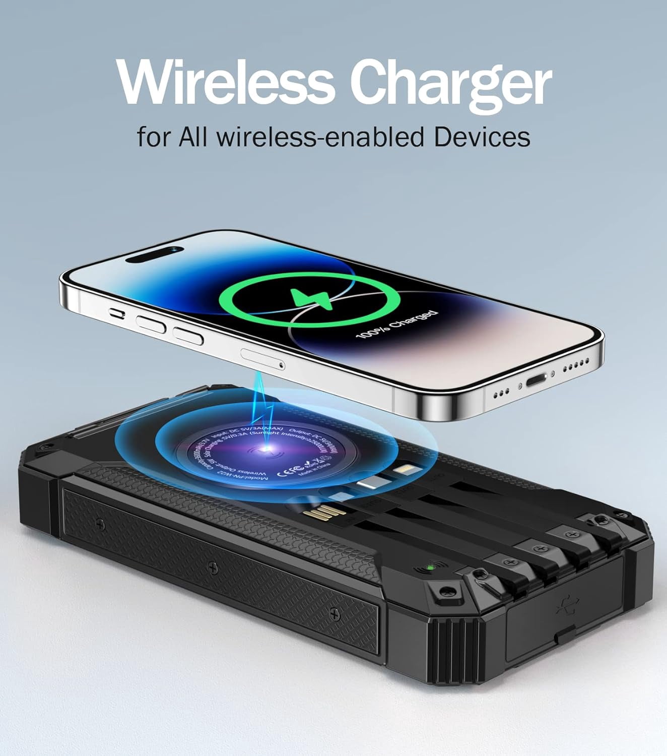 36000mAh Solar Power Bank, 15W Fast Charging, Wireless, 4 Built-in Cables, 6 Outputs, Dual Flashlights, and Carabiner – Compatible with All Mobile Devices