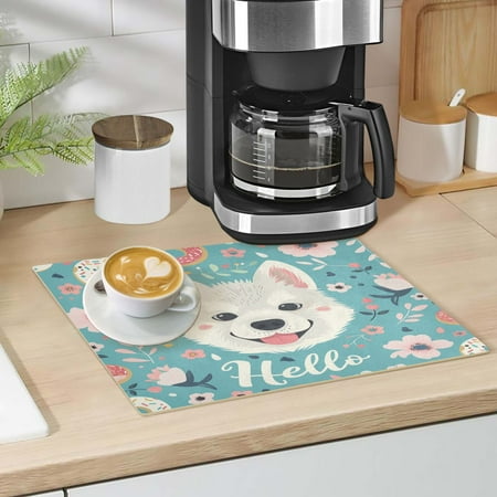 

Hello Dog Face Dish Drying Mat 12 x18 Kitchen Counter Dish Pad Microfiber Absorbent Drainer Rack for Coffee Bar