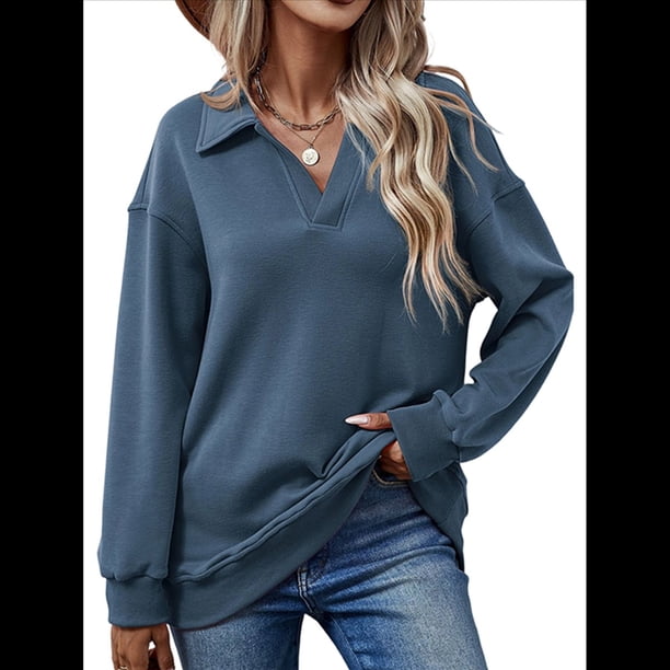 Sudadera con Cuello en V y Larga para Mujer, Estilo Informal, Holgado, de Punto, Estilo Túnica, para Otoño Azul Marino M