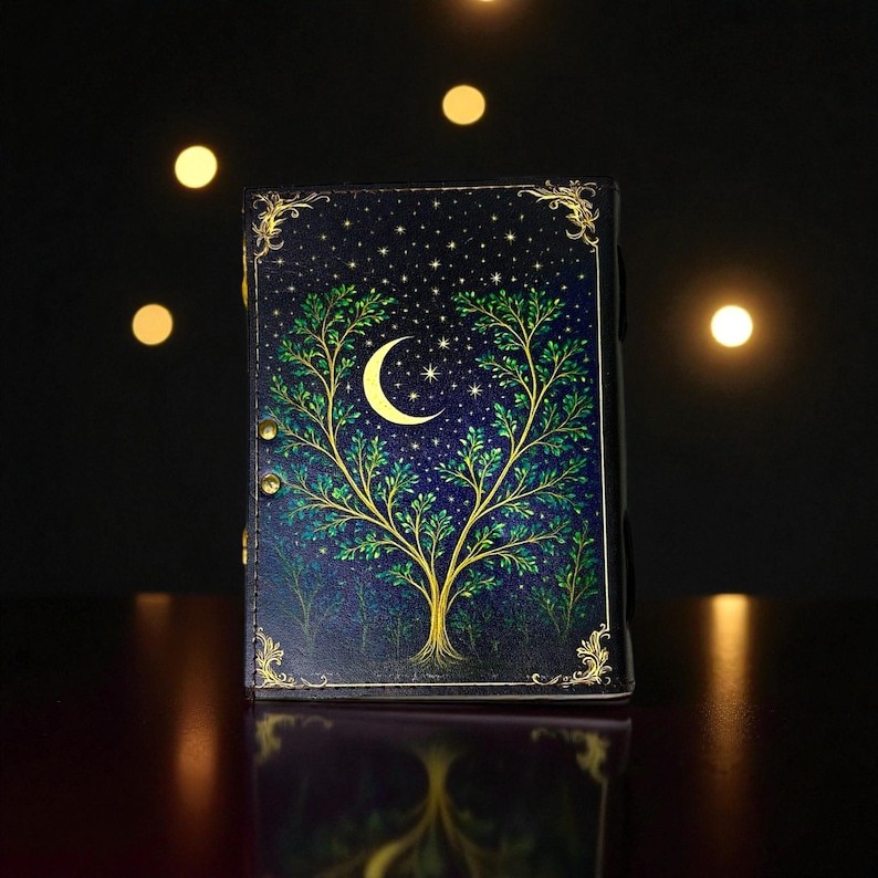 Handmade Leather Moon & Tree Journal, 5x7” Vintage Notebook with 200 Handmade Pages & Antique Clasp – Celestial Writing Diary