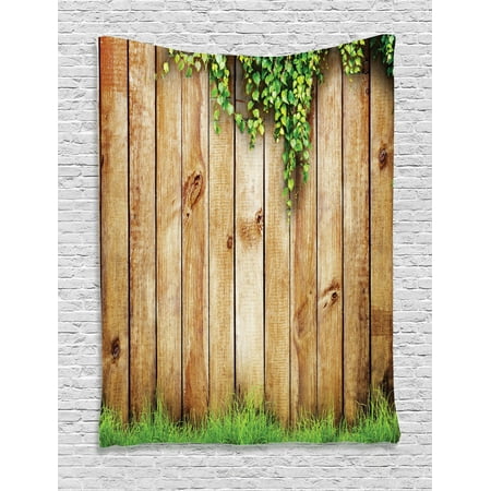 Rustic Tapestry, Fresh Spring Season Grass and Leaf Plant over Old Wood Fence Garden Field Photo, Wall Hanging for Bedroom Living Room Dorm Decor, Green Brown, by