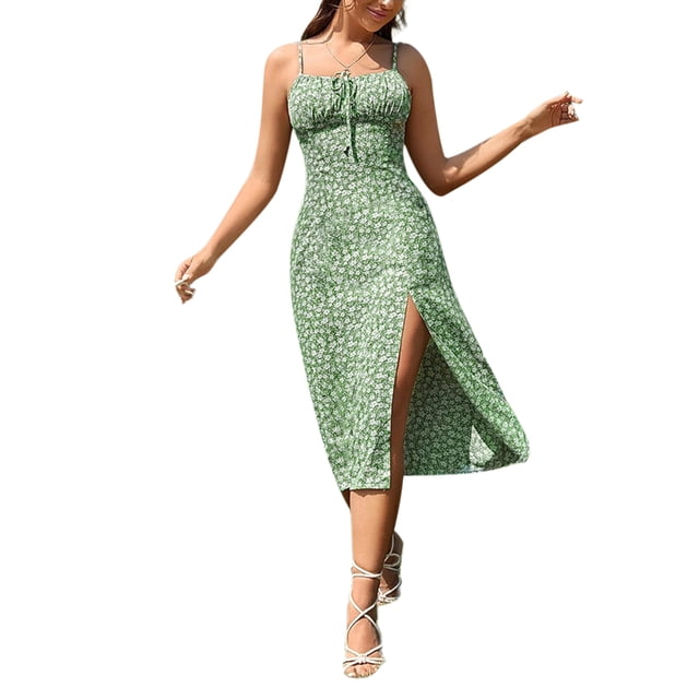 VISgogo Vestido floral de verano para mujer, estampado de flores, correa de espagueti, sin mangas, de una pieza con abertura alta para damas, rojo/verde/azul VISgogo moda