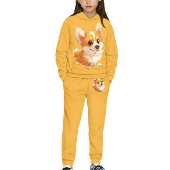 DISNIMO Orange Corgi Hoodie Outfits for Girls 4-5 Hoodie with Pants for Boys 2 Piece Hoodie Set for Girls Pullover Hoodies and Joggers for Kids Tracksuit Set Girls Sweatshirt with Pockets