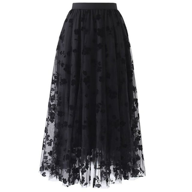 PENGXIANG Women Spring Summer Elastic High Waist Long Mesh Skirt Womens Pleated