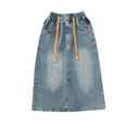 thumbnail image 4 of XQYLOS Teens Girls Denim Skirts High Waist Elastic Waistband A-line Midi Skirts with Drawstring Pockets for Toddler Kids Children's Slit Denim Skirts, 4 of 9