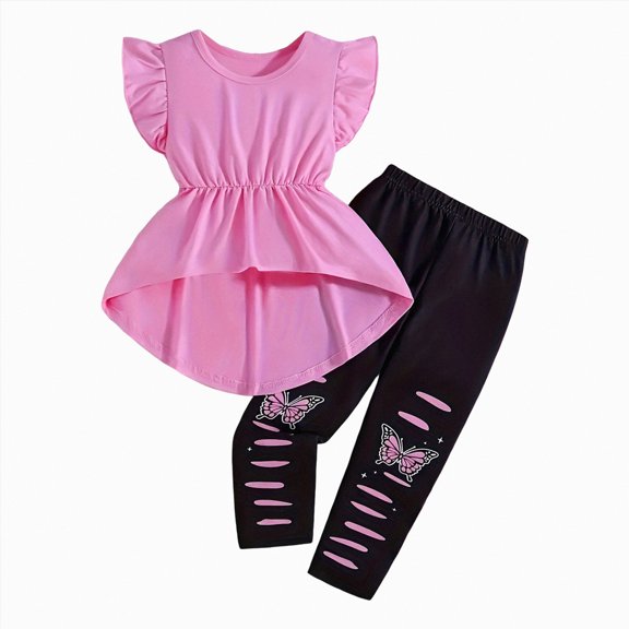 mgoYE Toddler Girl Clothes Kid Summer Outfit Ruffle Sleeve Shirt Top Floral Pants Summer Clothing Set(Pink,5-6 Years)