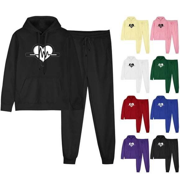 JURANMO Athletic Outfits for Women, Cute Love Heart Graphic Sweatsuits 2 Piece Lounge Sets Hoodies and Sweatpants Fall Fashion Clothes 2024 Tracksuit Deal of The Day Black XXXL