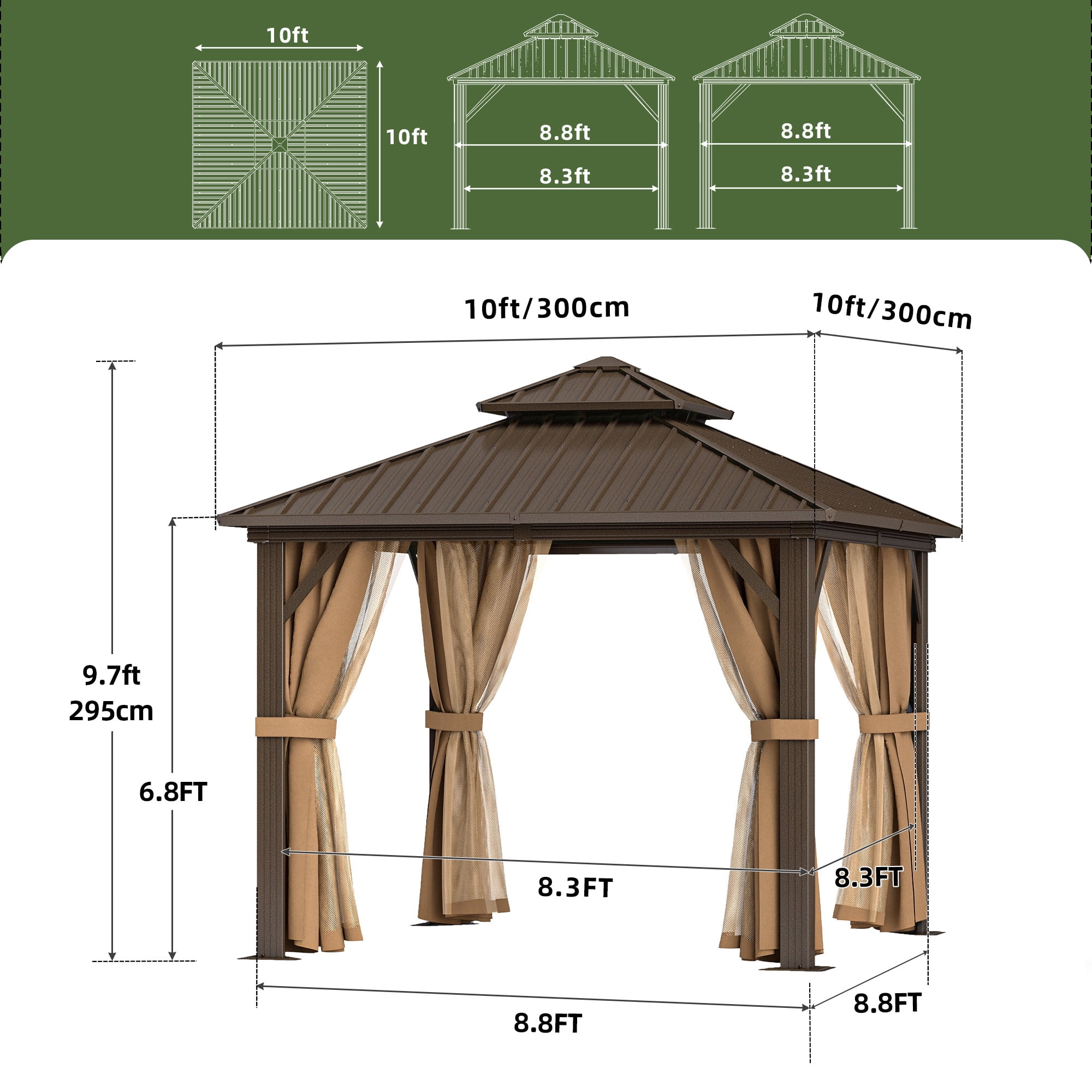 Uforic 10x10 FT Hardtop Gazebo, Heavy Duty Gazebo with Nettings and Curtains, Galvanized Steel Double Roof Gazebo,for Garden, Patio, Lawns,Bronze