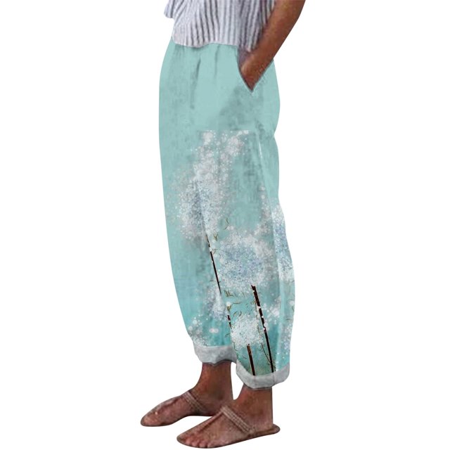 Gibobby pantalones de mezclilla mujer Pantalones sueltos de bolsillo de cintura alta con estampado de flores de acuarela para mujer ocio vacaciones viaje casa (Verde, XL)