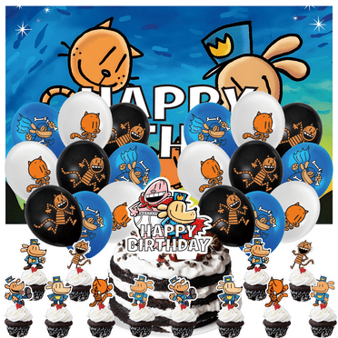 32 Pcs For Dog Man Cartoon-Themed Party Decoration Set - Includes Backdrop, Cake Topper, 12 Cupcake Toppers, and 18 Balloons for Celebratory Occasions