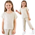 thumbnail image 2 of HVOBTTY Toddler Kid's Summer Casual Polka Print Short Sleeve Crew Neck T Shirt and Cropped Pants 2 Piece Outfit Suits Beige,3-4 Years, 2 of 5
