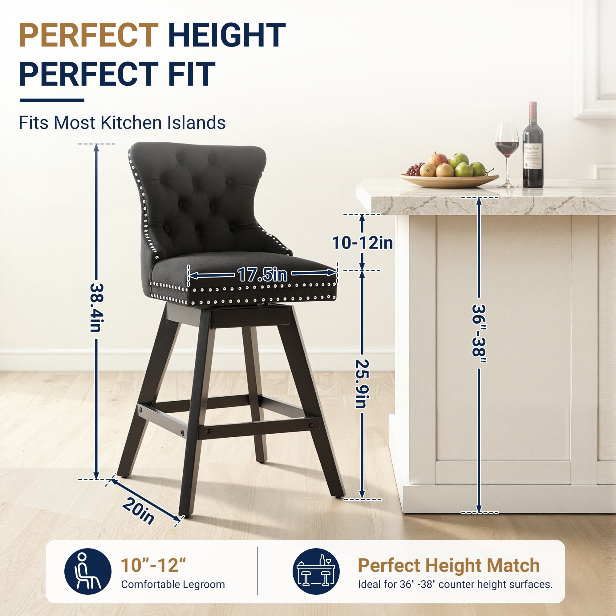 Swivel Bar Stools Set of 4, 26" Counter Height Bar Stools with Back, Farmhouse Velvet Barstools for 34–38" Kitchen Island, Black (Set of 4)