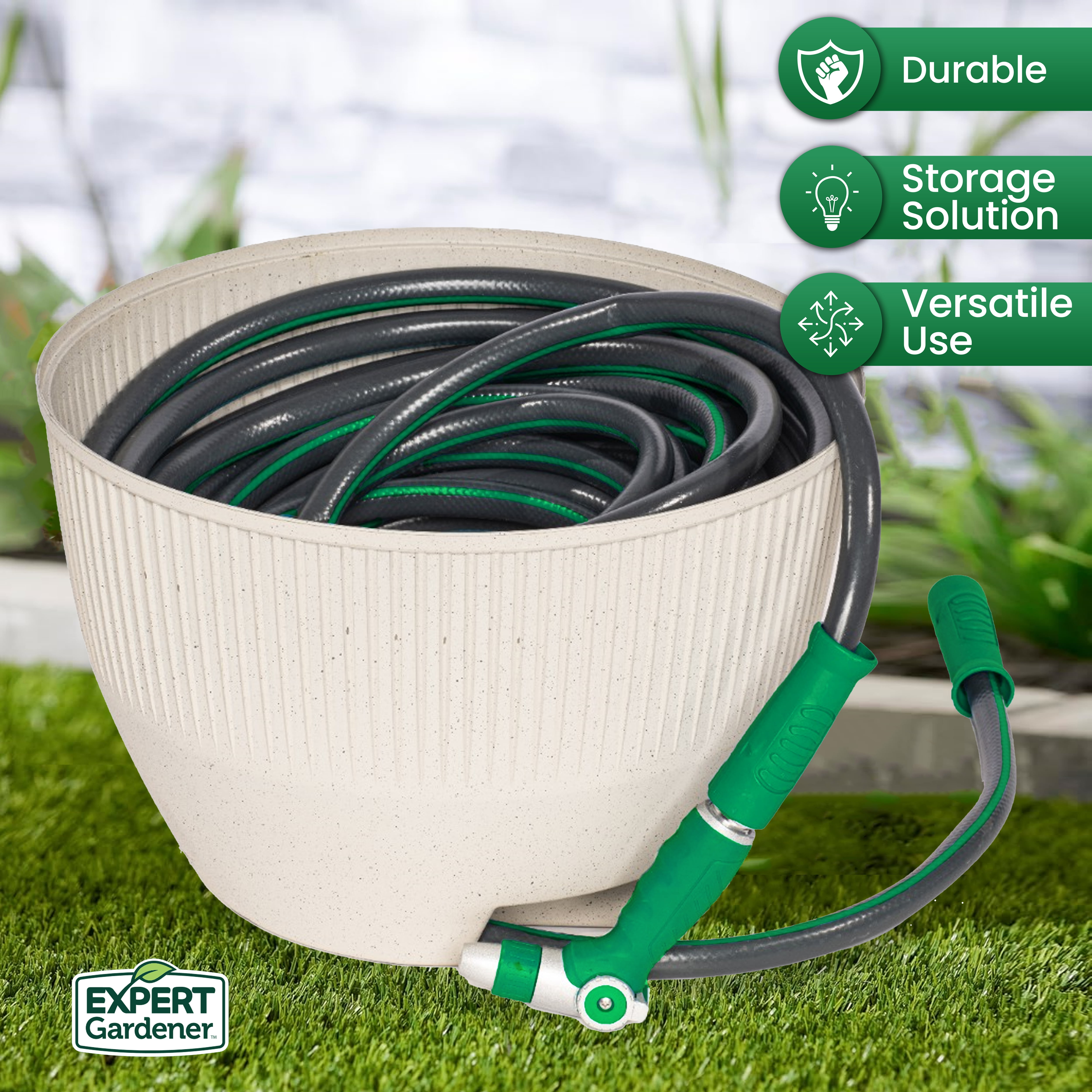Expert Gardener Hose Pot in Resin with Built-in Drainage and Stone Finish 18" W x 18" D x 12" H