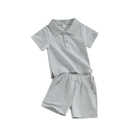 

FEORJGP Toddlers Baby Summer Outfit Infant Boys Girls Short Sleeve T-shirt Turn-down Collar Shirt Button Tops with Elastic Shorts Newborn Solid 2-piece Clothes Set Loose Casual Daily