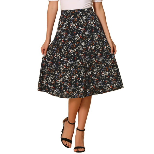 Falda Midi A-Line Floral Print Chiffon Vintage Verano para Mujeres L Negro Rojo