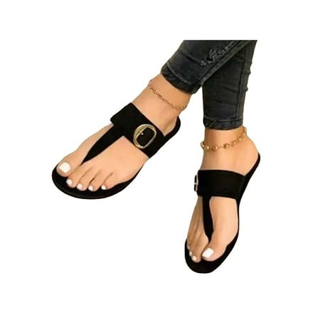 

Woobling Women s Sandals Open Toe Flip Flops Slip-on Thong Sandal Beach Flats Casual T-Strap Comfort Black 6