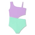 thumbnail image 2 of Serdomi Girls One Piece Swimsuit Trendy Purple Mint Rib Knit Color Block Side-Cutout Bathing Suit for Little & Big Kids Size 10, 2 of 8