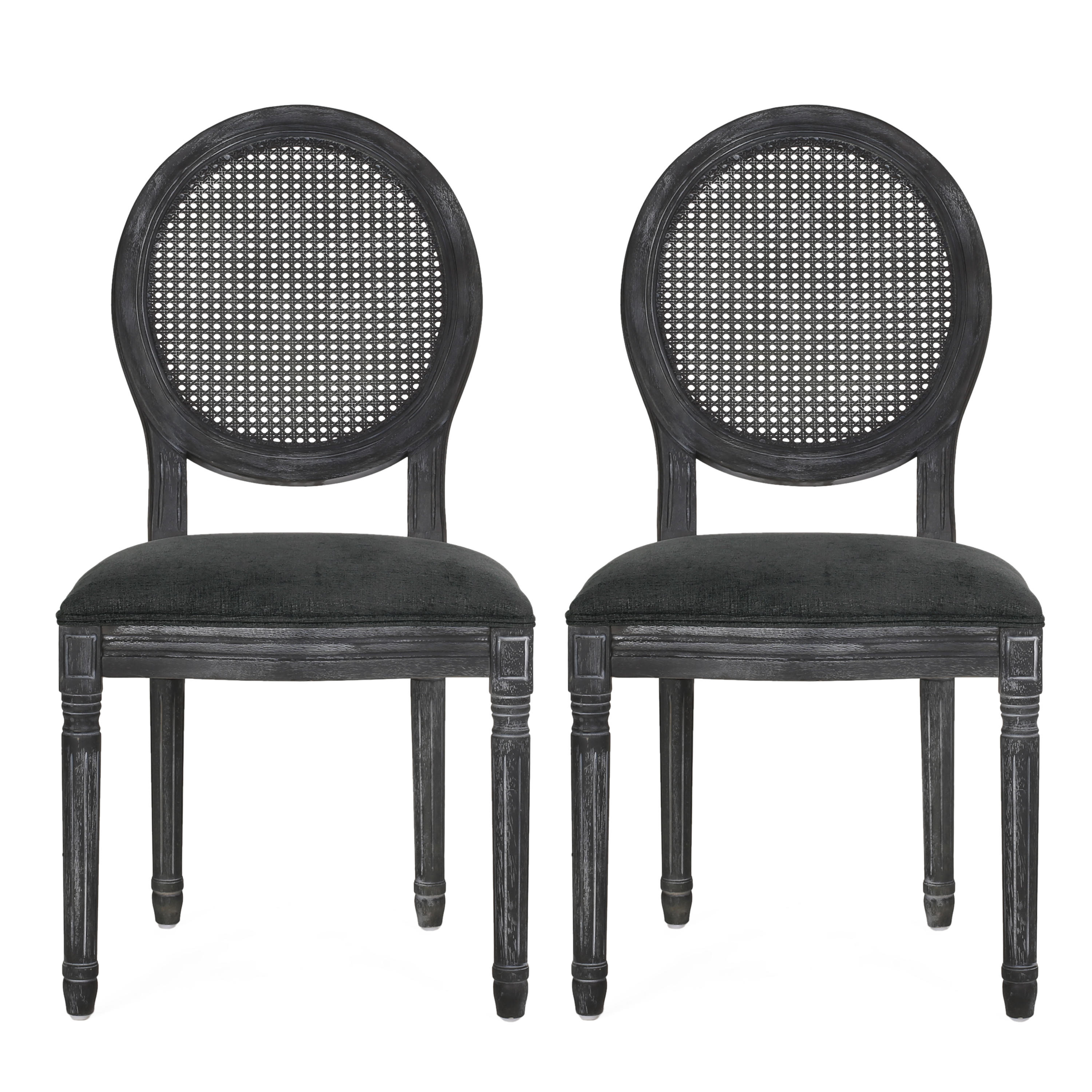 Noble House Acorn French Wood and Cane Upholstered Dining Chair, Set of 2, Gray