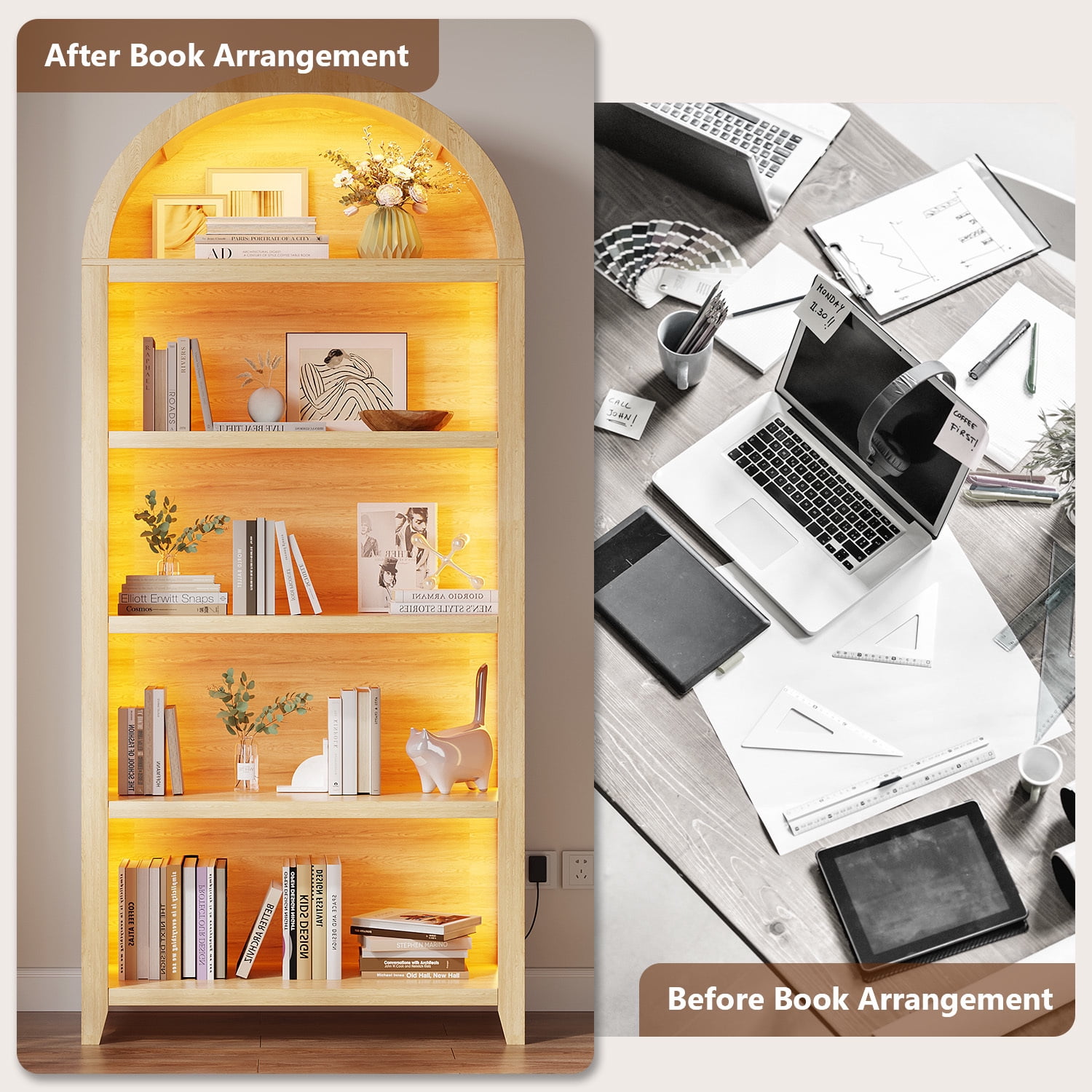 VKCC 68.9" Arched LED Bookcase with 5 Shelves, Modern Bookshelf for Living Room Office, Wood
