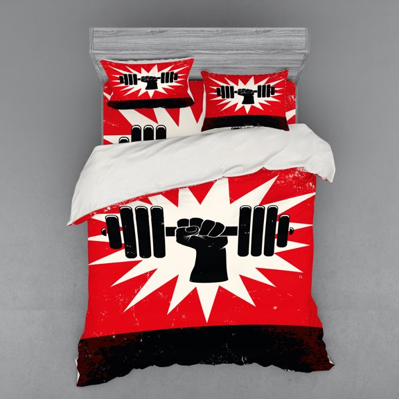 Ambesonne Fitness Bedding Set 4 Pcs, Grunge Dumbbell Lift, Queen, Vermilion Black Cream
