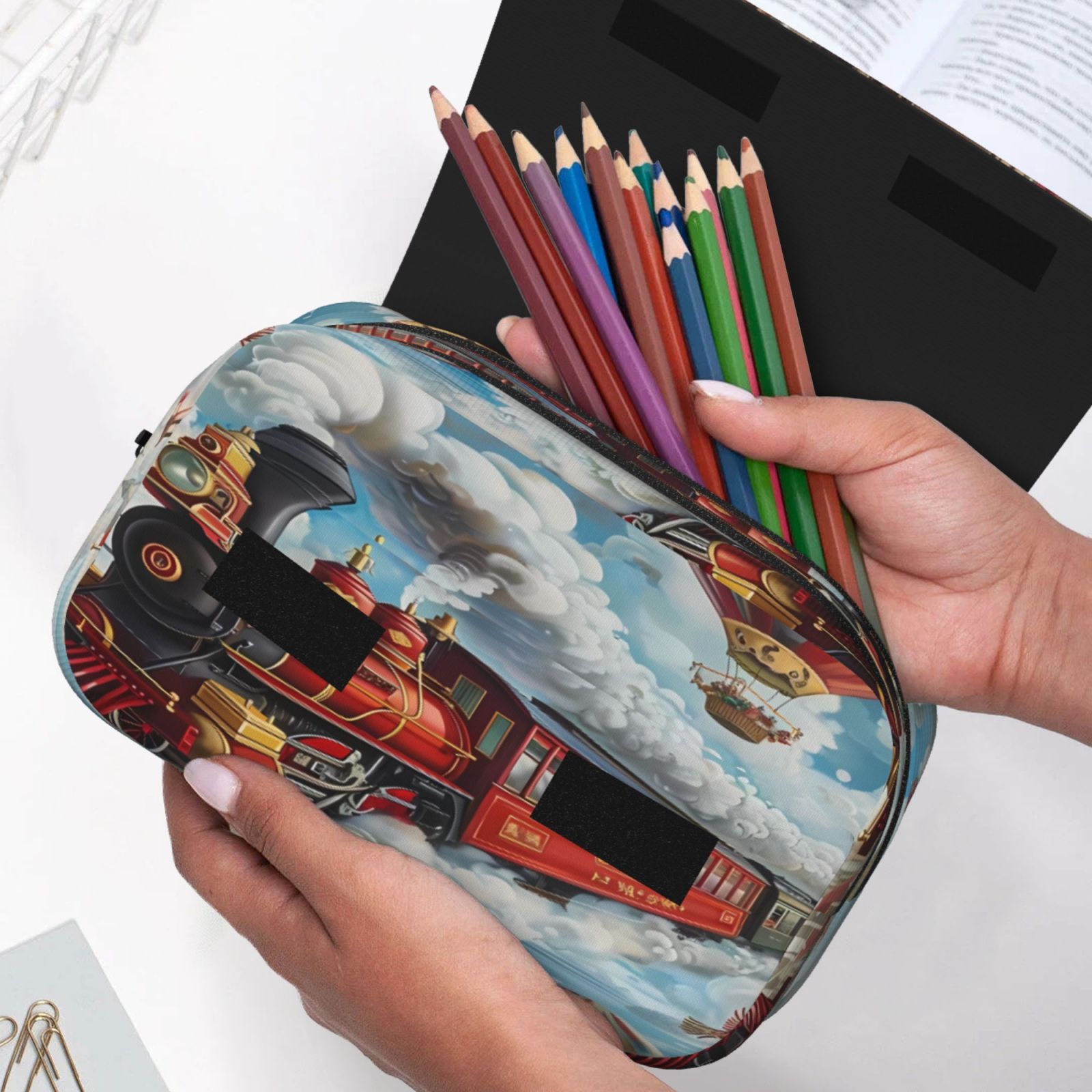 Rateoe Red Train Hot Air Balloon Pattern Double Clamshell Pen Case, Storage Organizer with Two Zipper Compartments– Holds Up to 50 Pencils & Pens