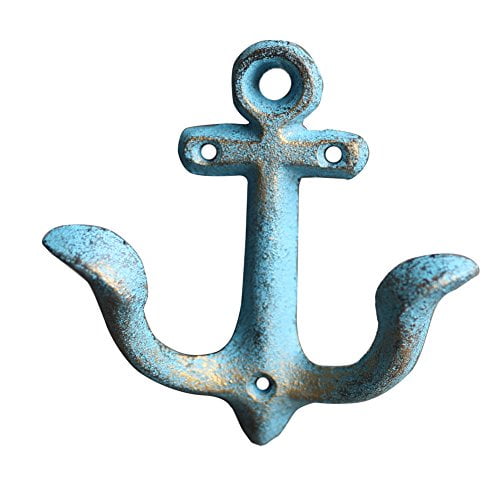 KiaoTime RED Vintage Rustic Cast Iron Nautical Anchor Design Wall Hooks Coat Hooks Rack, Decorative Wall Mounted Antique Shabby Chic Metal Home Bath Room Towel Coat Hooks Hanger