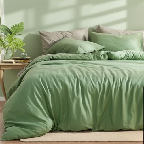 100% Cotton Comforter Set Queen Size – Sage Green, Linen-Like Texture, Super Soft & Breathable Lightweight Bedding Set, 3-Piece Durable Percale Comforter for All Seasons