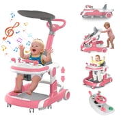 ManyFun 4-in-1 Musical Infant Baby Walker with Wheels functional, Height Adjustable, Foldable Design (pink)