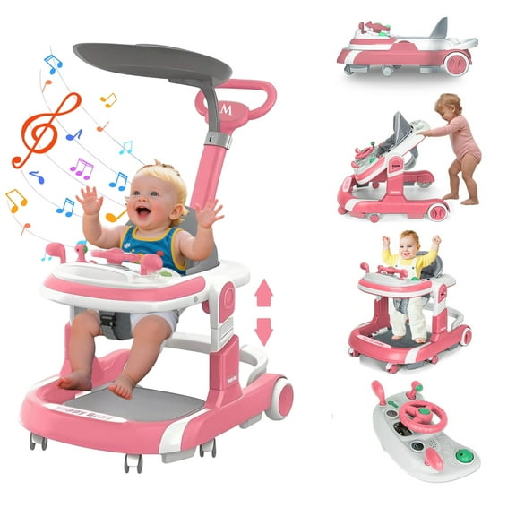 ManyFun 4-in-1 Musical Infant Baby Walker with Wheels functional, Height Adjustable, Foldable Design (pink)
