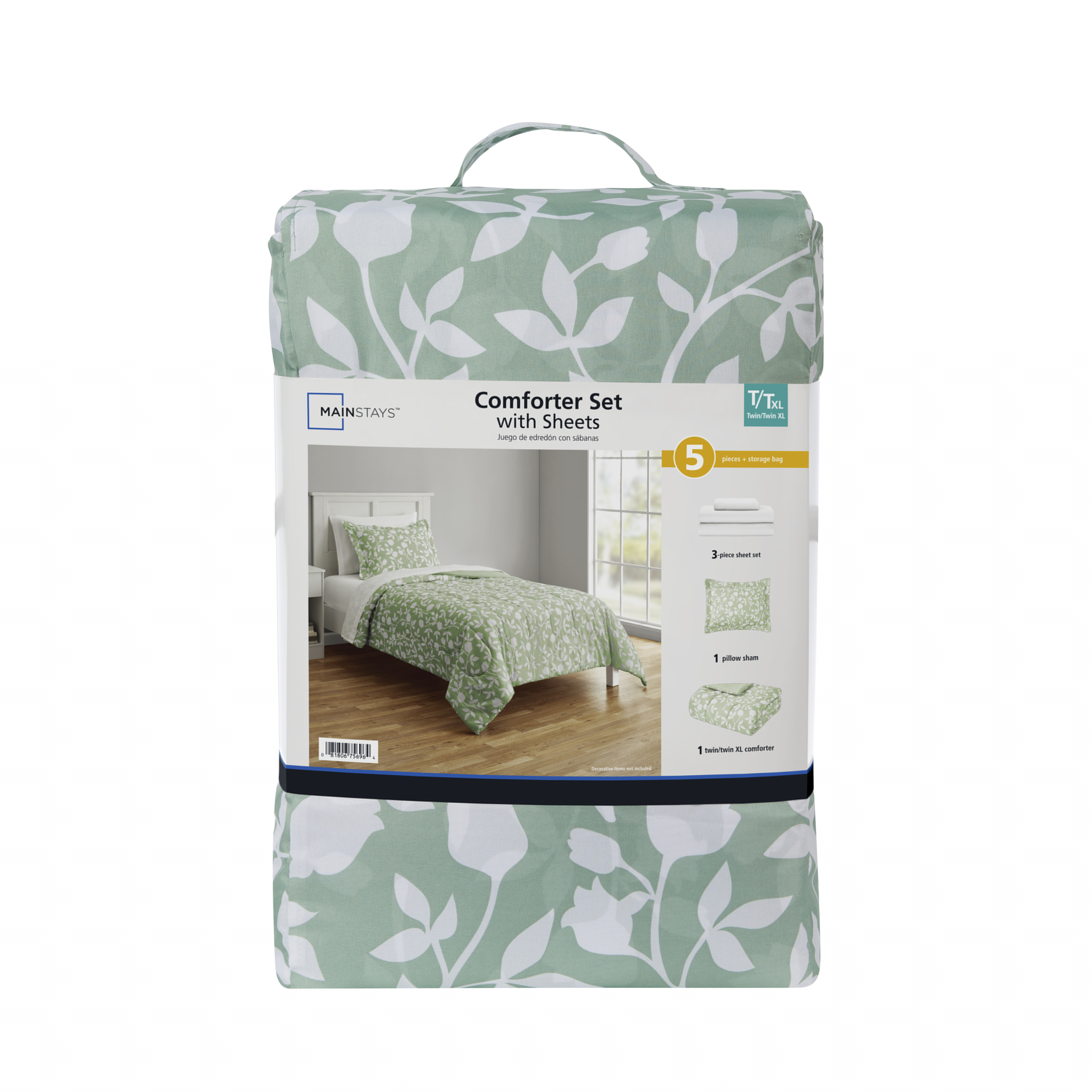 Mainstays 5 Piece Reversible Bed in a Bag Comforter Set with Sheets, Green Floral, Twin-XL