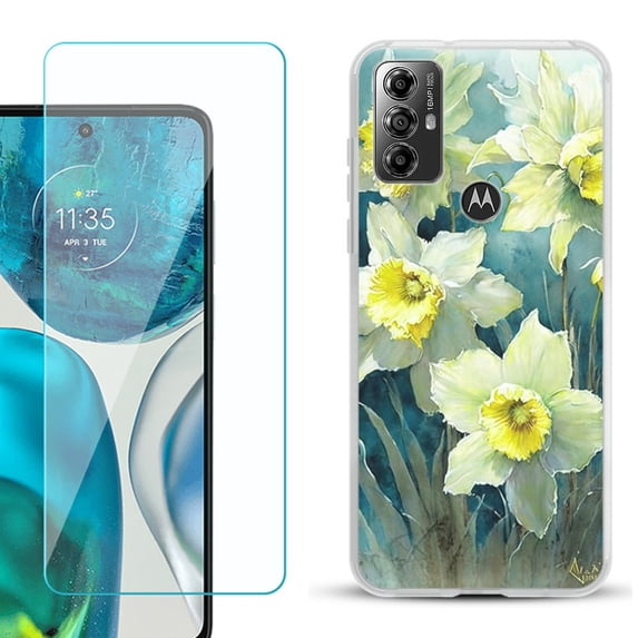 OneToughShield ® for Motorola Moto G Play 2023 Shockproof Fashion Phone Case, with Tempered Glass Screen Protector - Daffodils