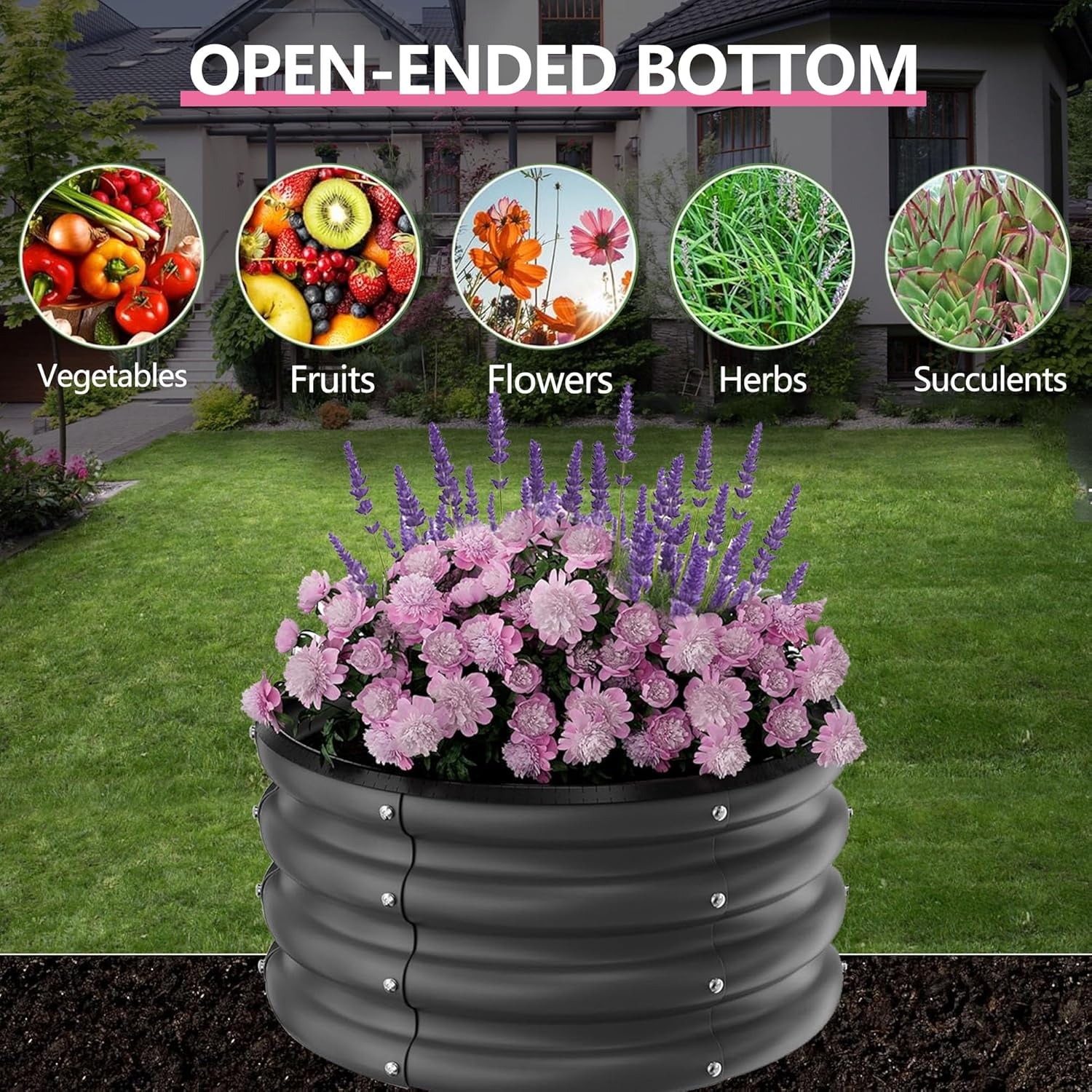 Garvee 3 Pack Round Metal Planters Galvanized Raised Garden Bed 23.62 x 23.62 x 11.02", Black