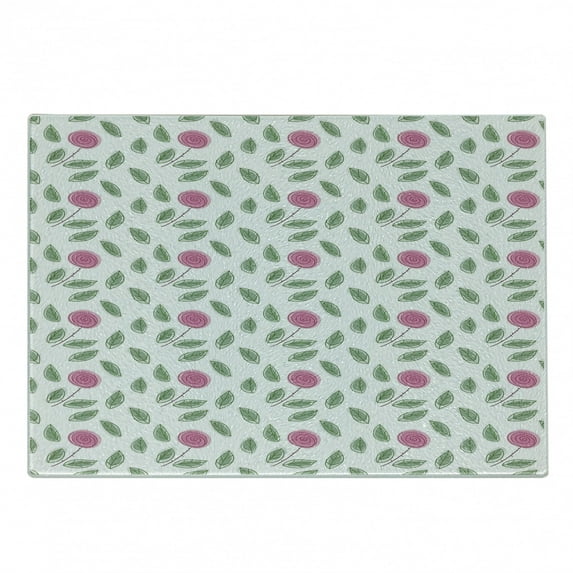 Rose Cutting Board, Modern Pattern Pink Rose Blossoms with Spiral Designs and Green Leaves, Decorative Tempered Glass Cutting and Serving Board, Small Size, Pink Reseda Green White, by Ambesonne